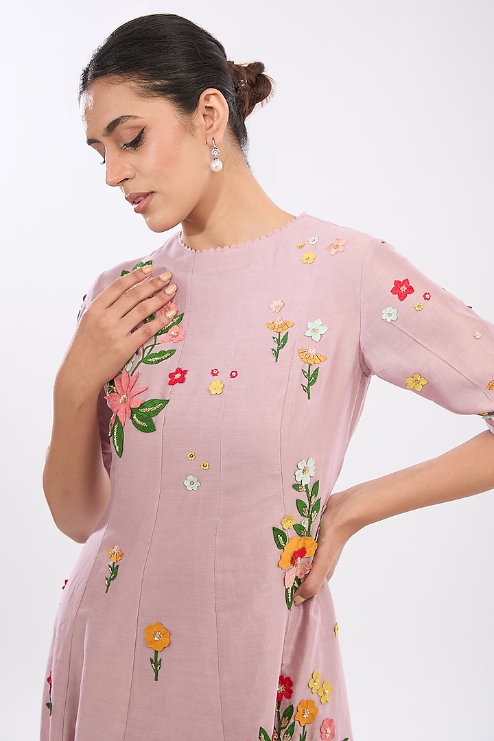 Pink Chanderi Floral Applique Embroidered Asymmetric Cocktail Dress by Sahil Kochhar at Pernia's Pop Up Shop