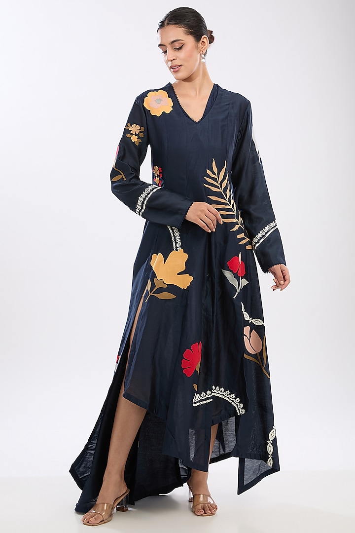 Blue Chanderi Floral Applique Embroidered Asymmetric Dress by Sahil Kochhar at Pernia's Pop Up Shop