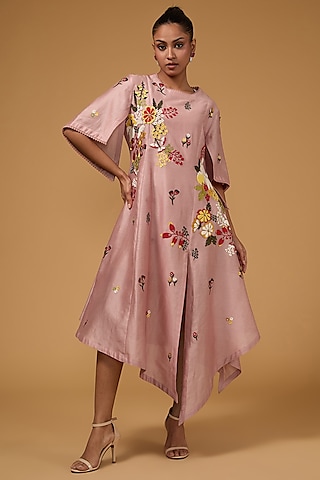 Pink Chanderi & Net 3D Applique Floral Hand Embroidered Tunic by Sahil Kochhar