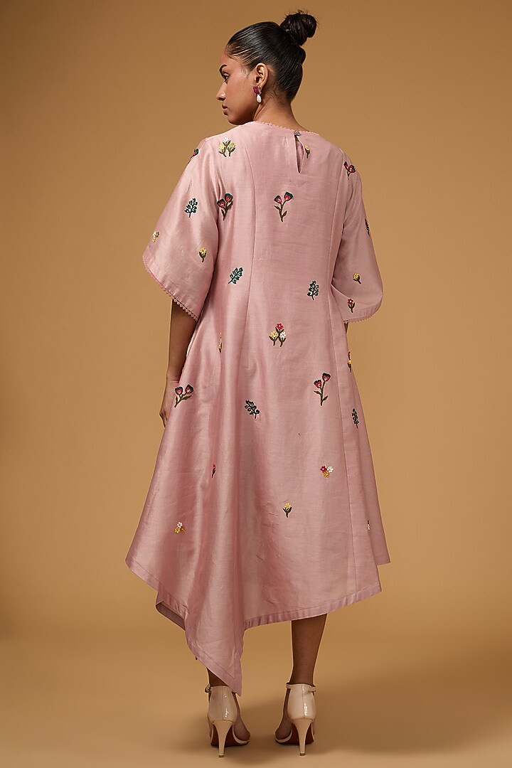 Pink Chanderi & Net 3D Applique Floral Hand Embroidered Tunic by Sahil Kochhar at Pernia's Pop Up Shop