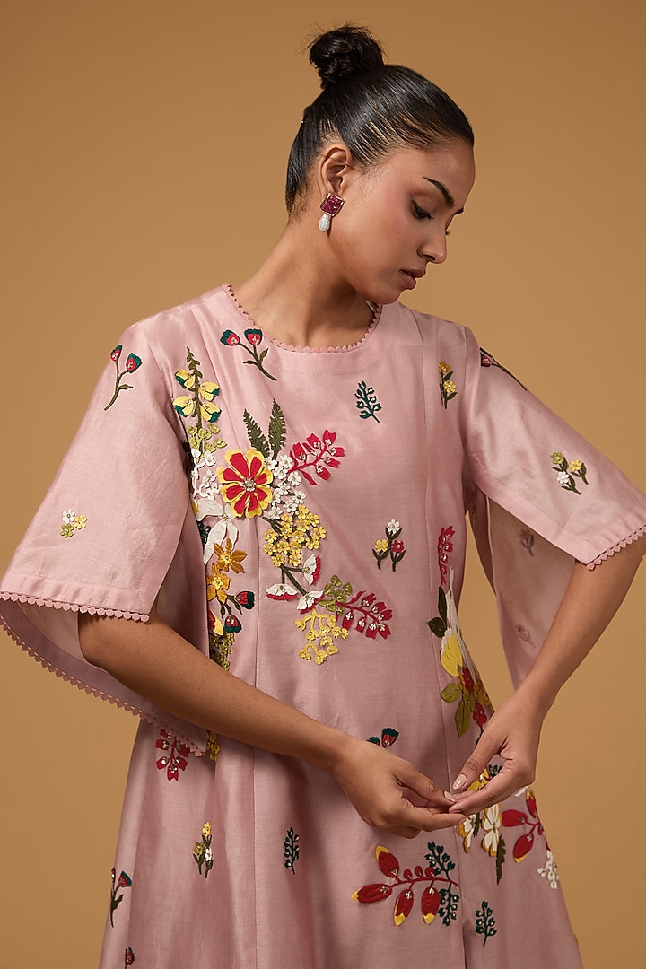 Pink Chanderi & Net 3D Applique Floral Hand Embroidered Tunic by Sahil Kochhar at Pernia's Pop Up Shop
