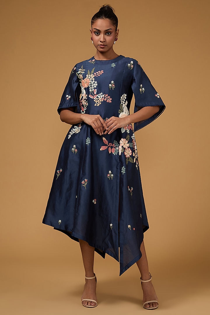 Blue Chanderi & Net 3D Applique Floral Hand Embroidered Tunic by Sahil Kochhar