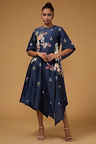 Blue Chanderi & Net 3D Applique Floral Hand Embroidered Tunic by Sahil Kochhar