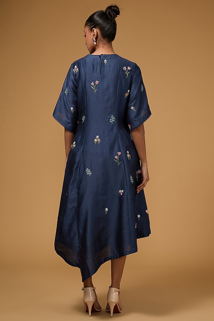 Blue Chanderi & Net 3D Applique Floral Hand Embroidered Tunic by Sahil Kochhar at Pernia's Pop Up Shop