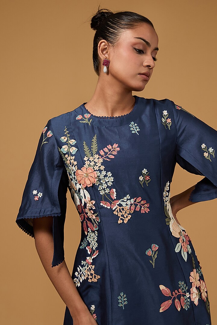 Blue Chanderi & Net 3D Applique Floral Hand Embroidered Tunic by Sahil Kochhar at Pernia's Pop Up Shop