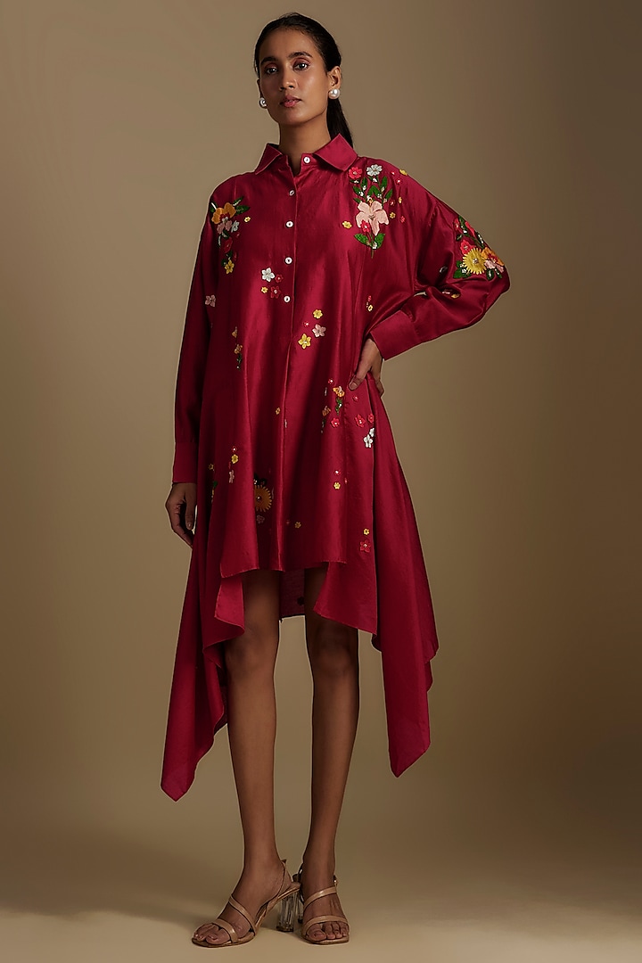 Red Chanderi Applique Embroidered Tunic by Sahil Kochhar at Pernia's Pop Up Shop