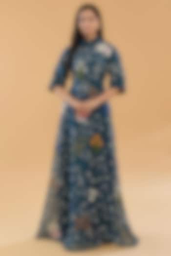 Teal Silk Organza Floral & Thread Embroidered Maxi Dress by Sahil Kochhar