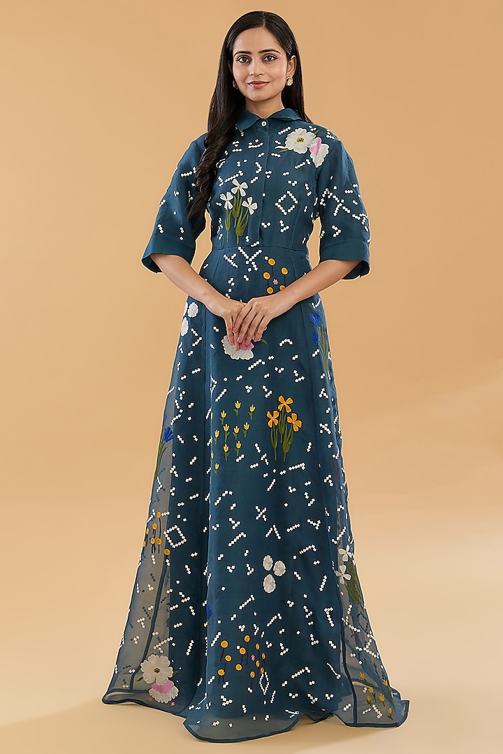 Teal Silk Organza Floral & Thread Embroidered Maxi Dress by Sahil Kochhar