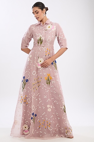 Pink Organza Applique Embroidered Dress by Sahil Kochhar