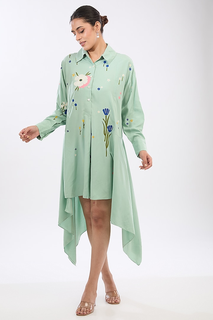 Green Rayon Aari Embroidered Dress by Sahil Kochhar at Pernia's Pop Up Shop