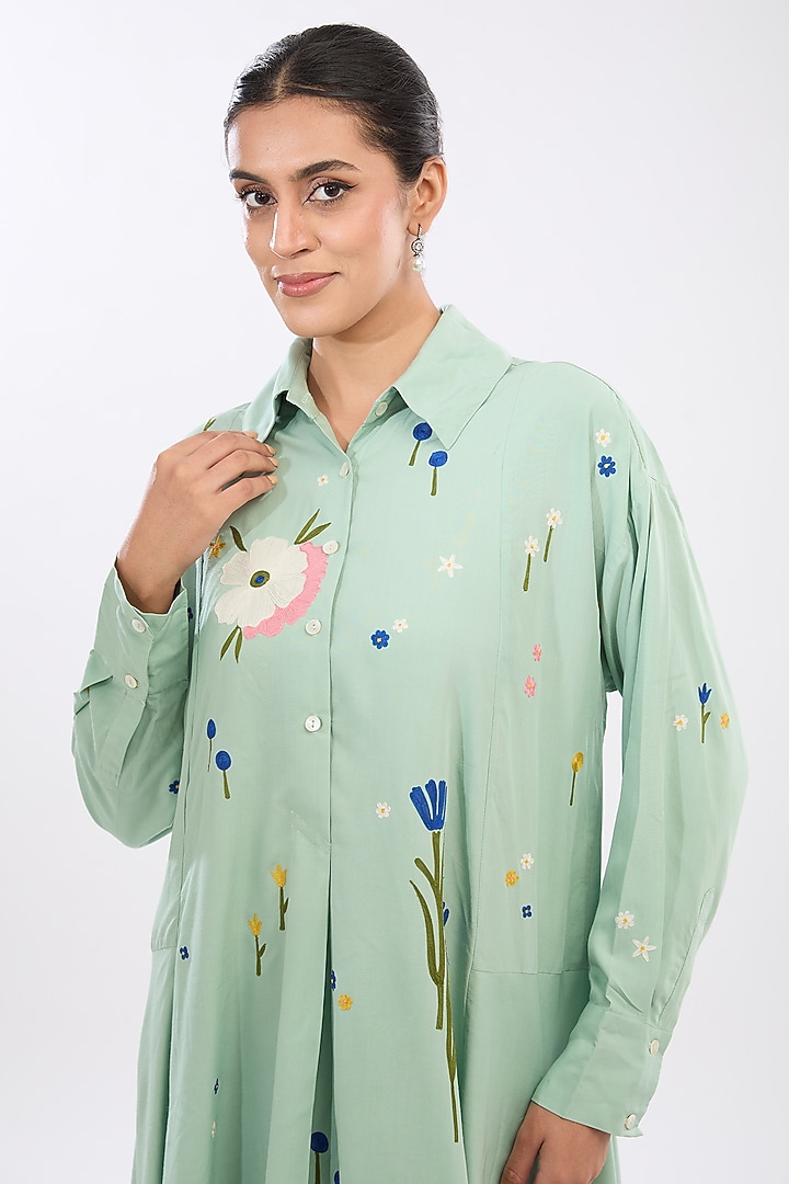 Green Rayon Aari Embroidered Vacation Dress by Sahil Kochhar at Pernia's Pop Up Shop