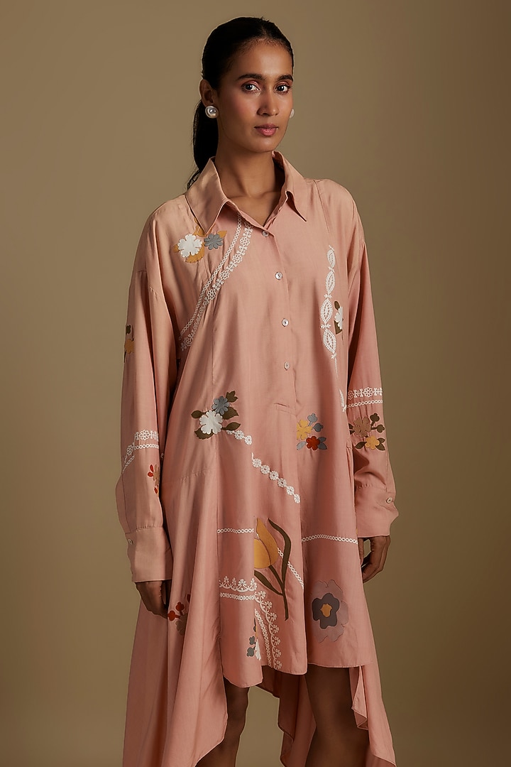 Pink Chanderi Applique Embroidered Tunic by Sahil Kochhar at Pernia's Pop Up Shop