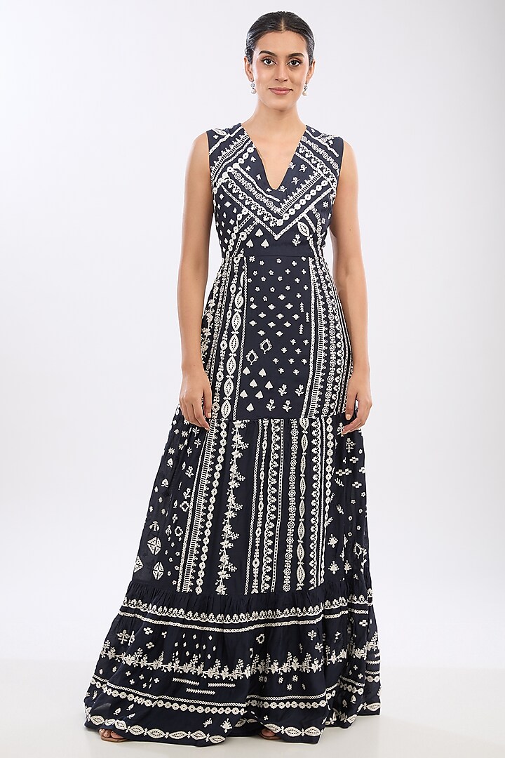 Blue Viscose Voile Applique Embroidered Tiered Dress by Sahil Kochhar at Pernia's Pop Up Shop