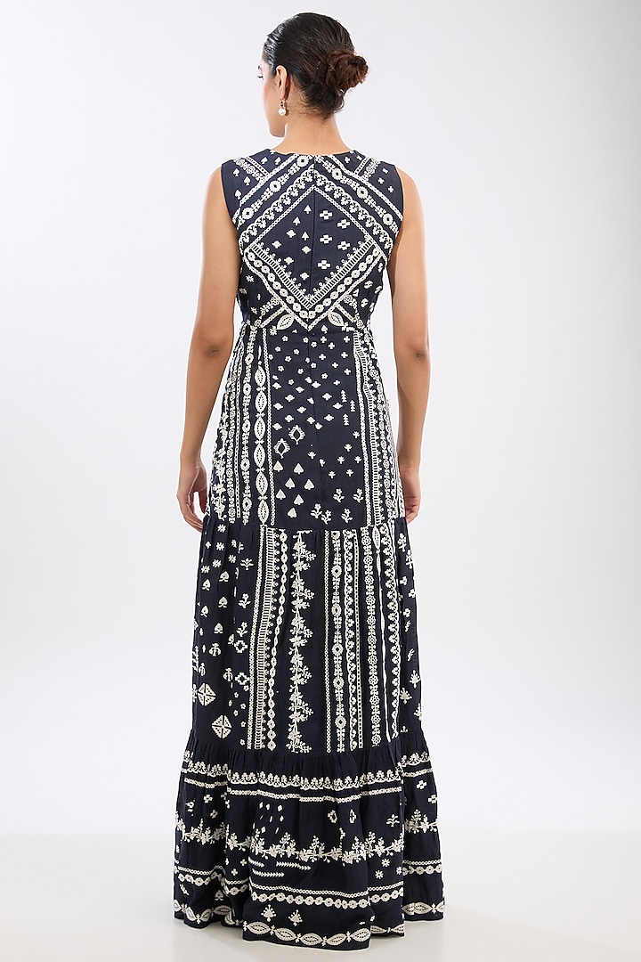 Blue Viscose Voile Applique Embroidered Tiered Party Wear Dress by Sahil Kochhar at Pernia's Pop Up Shop