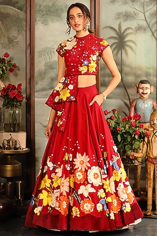 Red Embroidered Skirt Set by Sahil Kochhar