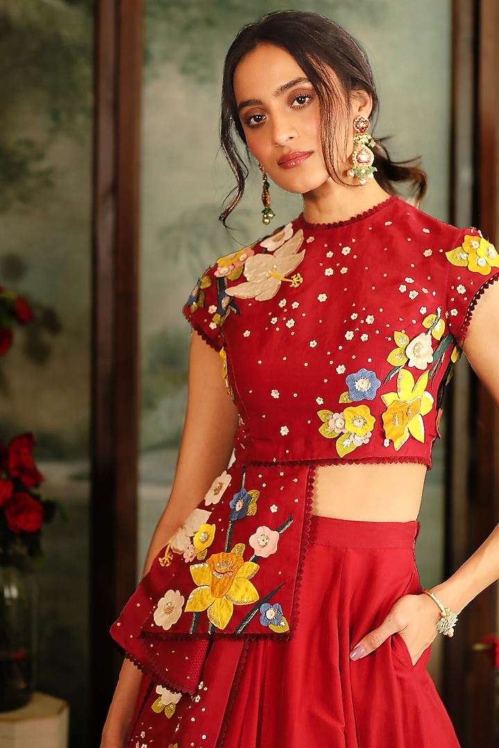 Red Embroidered Skirt Set by Sahil Kochhar at Pernia's Pop Up Shop