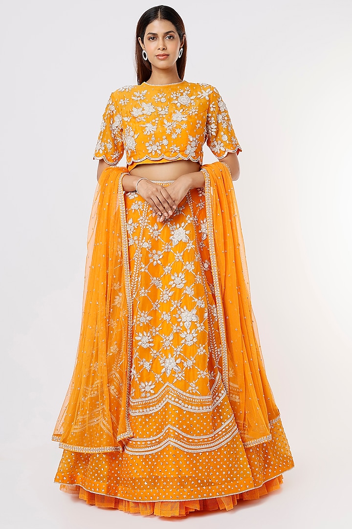 Orange Embroidered Lehenga Set by Sahil Kochar