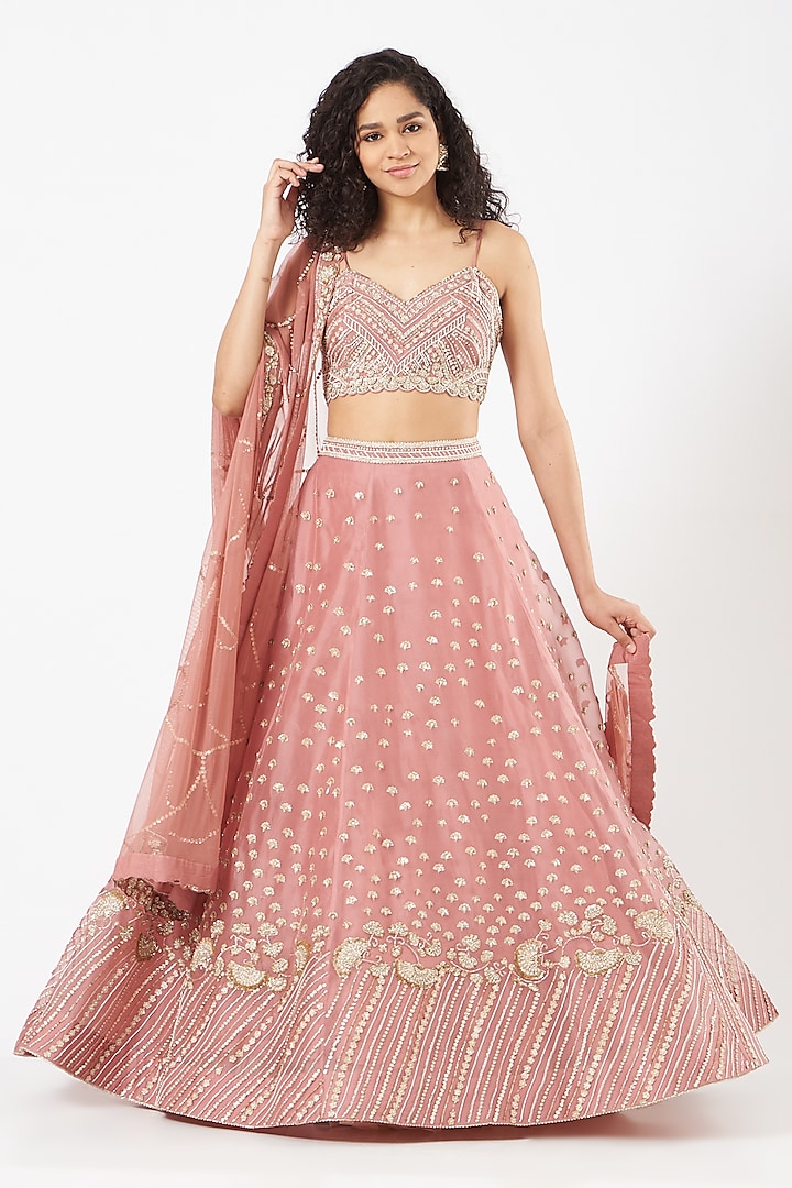 Rose Pink Organza Embroidered Lehenga Set by Sahil Kochar