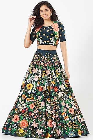 Teal Blue Raw Silk Embroidered Skirt Set by Sahil Kochhar