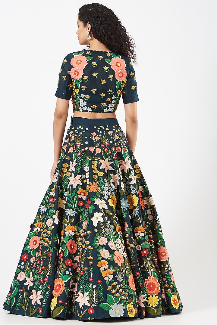 Teal Blue Raw Silk Embroidered Skirt Set by Sahil Kochhar at Pernia's Pop Up Shop