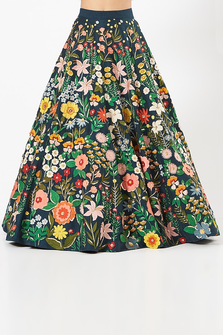 Teal Blue Raw Silk Embroidered Skirt Set by Sahil Kochhar at Pernia's Pop Up Shop