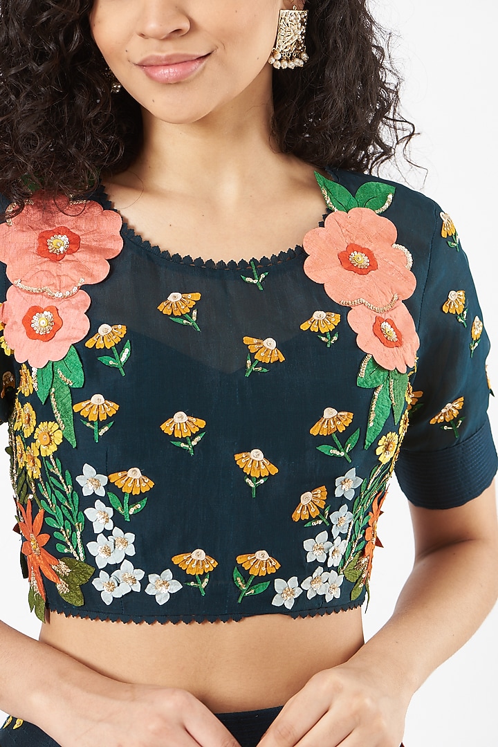 Teal Blue Raw Silk Embroidered Skirt Set by Sahil Kochhar at Pernia's Pop Up Shop