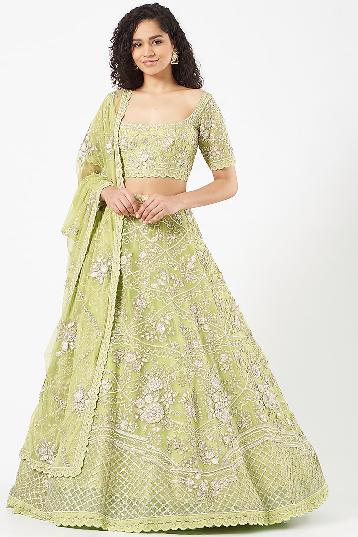Lime Green Organza Embroidered Bridal Lehenga Set by Sahil Kochhar at Pernia's Pop Up Shop
