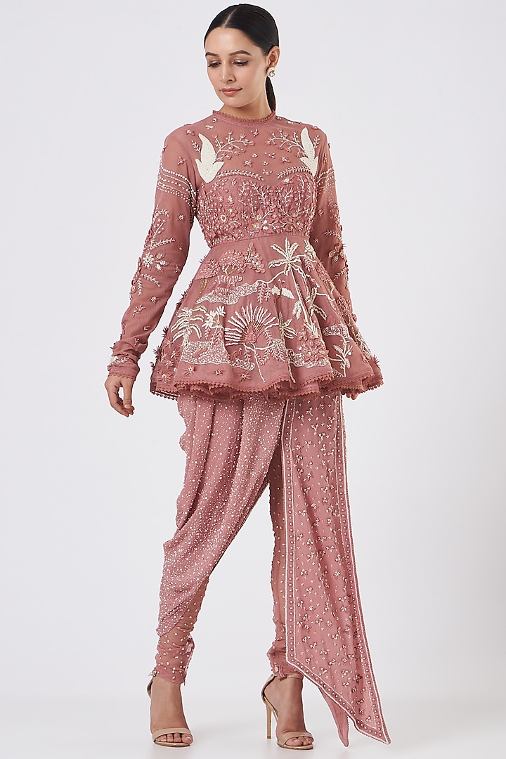 Pink Embroidered Pant Set With Drape by Sahil Kochar