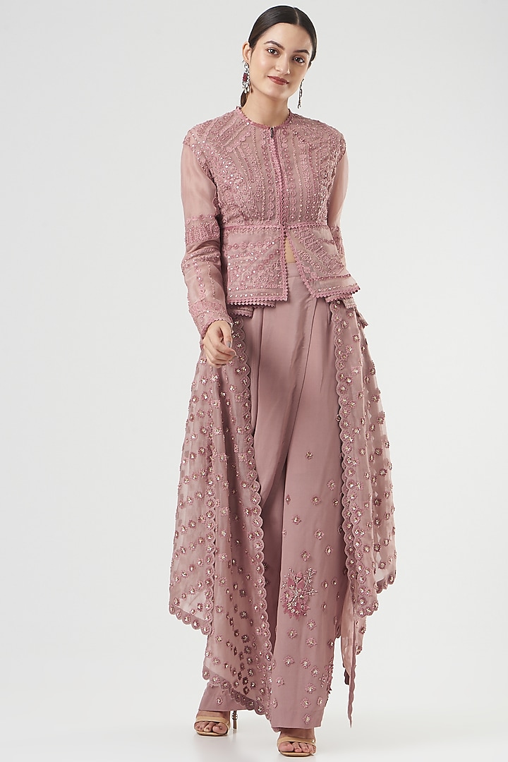 Pink Silk Crepe Draped Skirt Set by Sahil Kochar