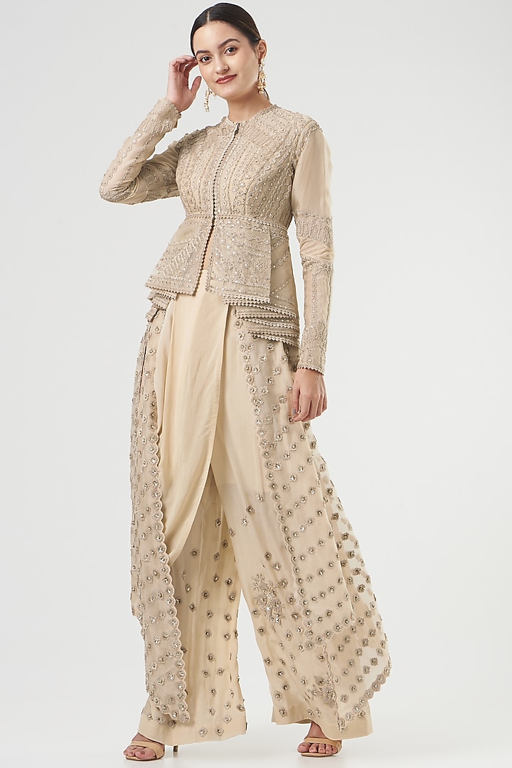 Beige Silk Crepe Draped Skirt Set by Sahil Kochar