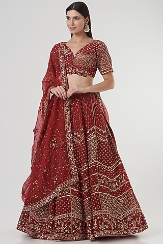 Red Embroidered Lehenga Set by Sahil Kochhar