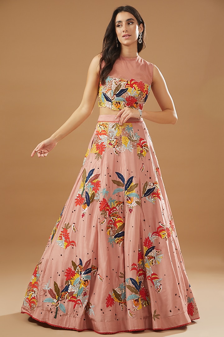 Pink Raw Silk Embroidered Bridal Lehenga Set by Sahil Kochhar at Pernia's Pop Up Shop
