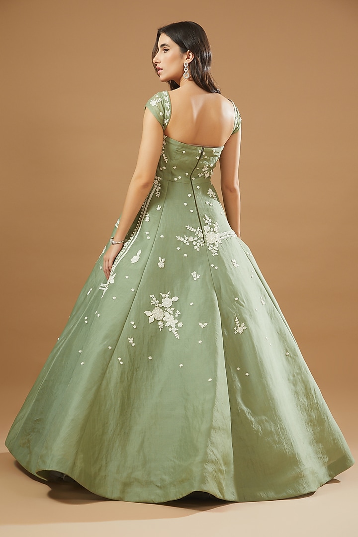 Sage Green Organza Embroidered Wedding Gown by Sahil Kochhar at Pernia's Pop Up Shop