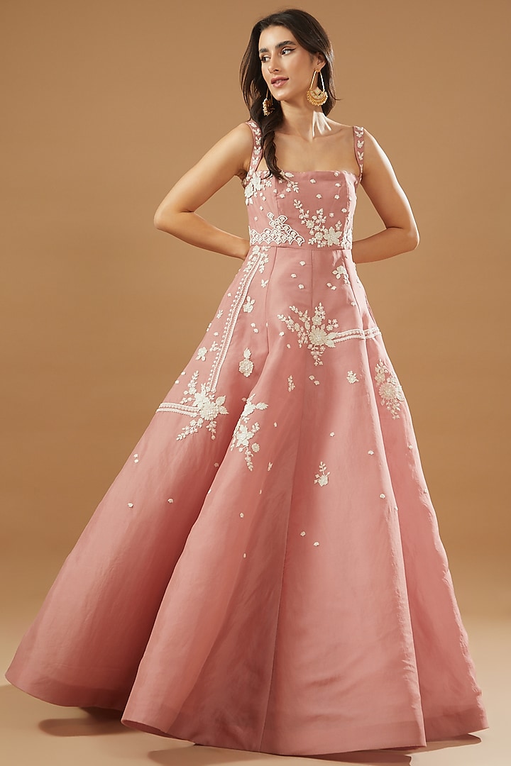 Pink Organza Embroidered Gown by Sahil Kochhar