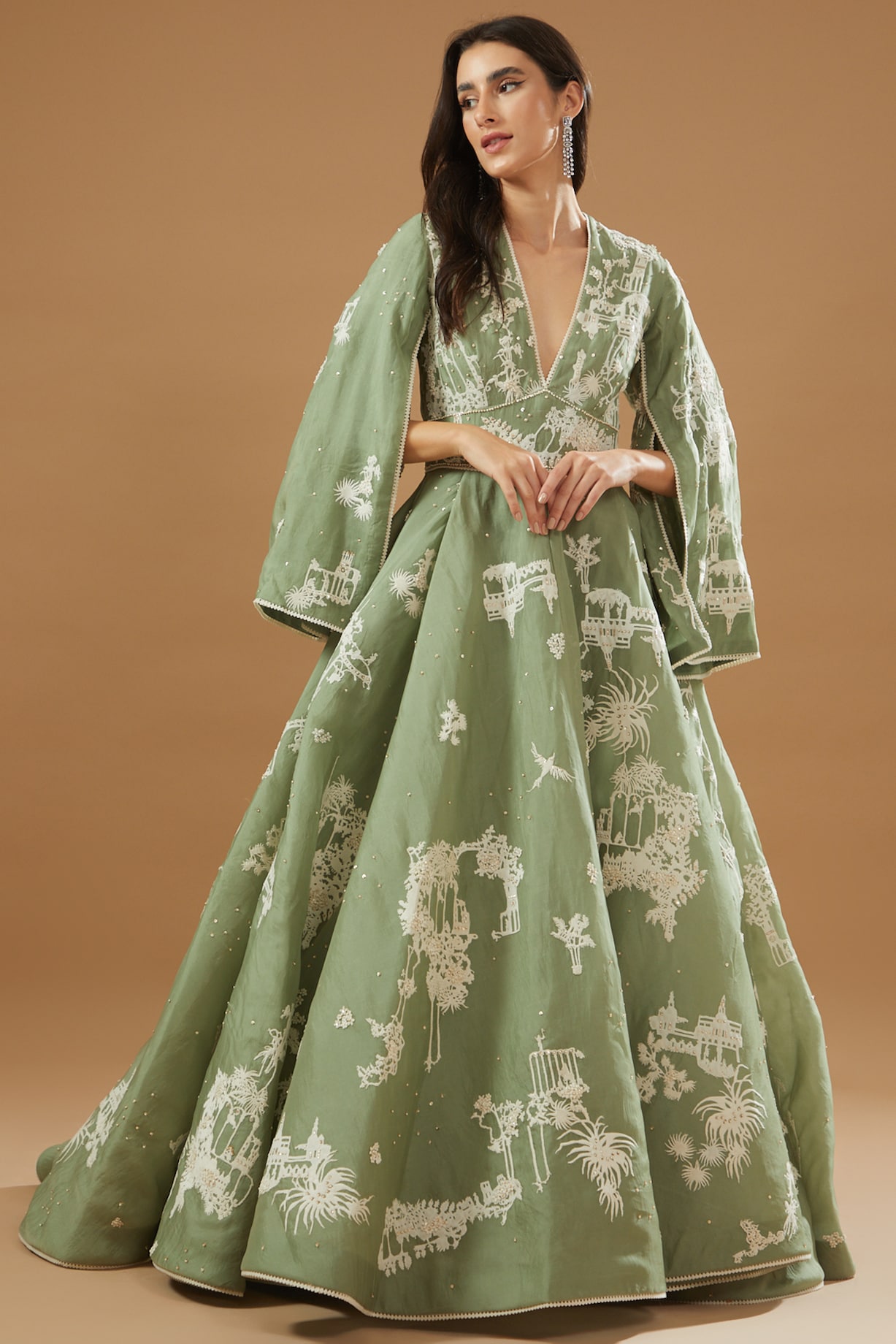 green emerald velvet dress Paulmi and Harsh — Sage Green Silk Organza Dress – Fabilicious Fashion main image 0