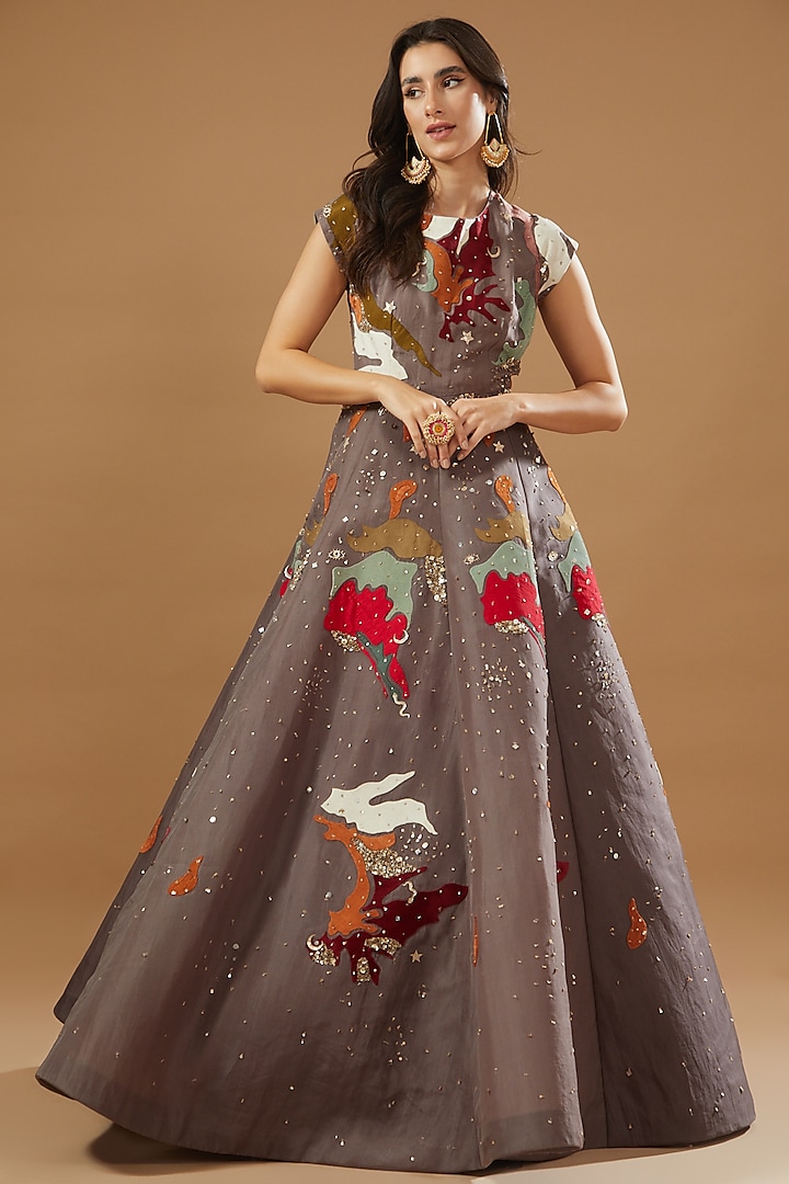 Mauve Organza Embroidered Gown by Sahil Kochhar