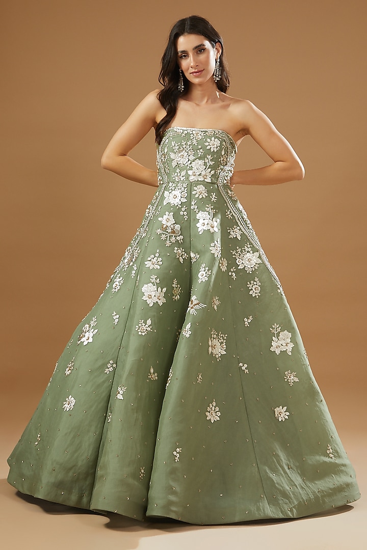 Sage Green Organza Embroidered Gown by Sahil Kochhar