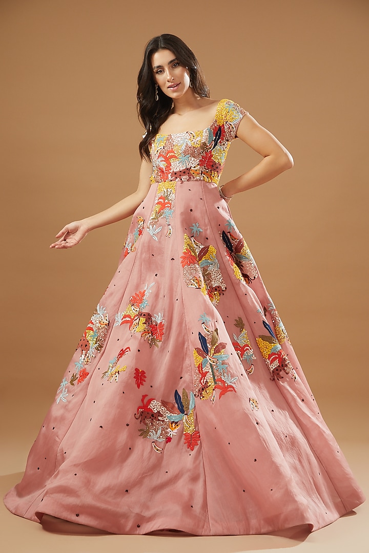 Pink Organza Embroidered Gown by Sahil Kochhar
