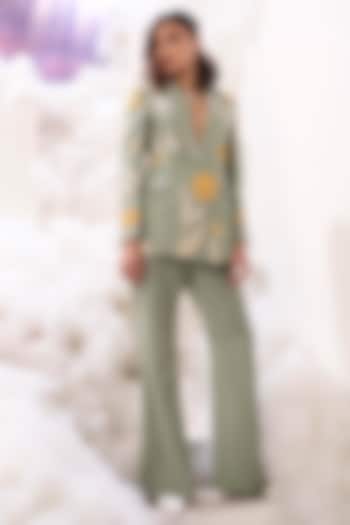 Teal Green Suiting Bell Bottom Pants by Sahil Kochhar at Pernia's Pop Up Shop