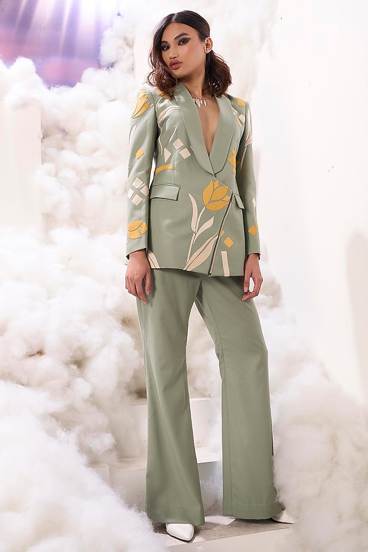 Teal Green Suiting Bell Bottom Pants by Sahil Kochhar at Pernia's Pop Up Shop