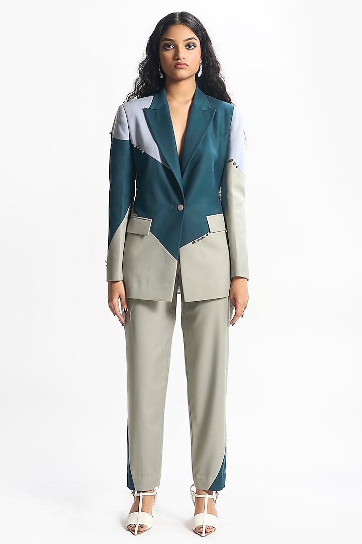 Teal Green Suiting Color-Block Straight Pants by Sahil Kochar at Pernia's Pop Up Shop