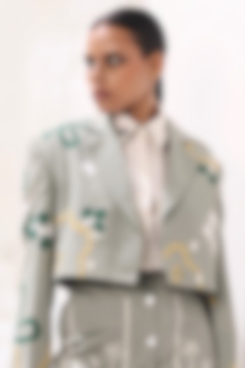 Sap Green Suiting Applique Embroidered Cropped Jacket by Sahil Kochar at Pernia's Pop Up Shop