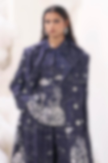 Navy Rayon Twill Digital Printed Trench Jacket by Sahil Kochar at Pernia's Pop Up Shop