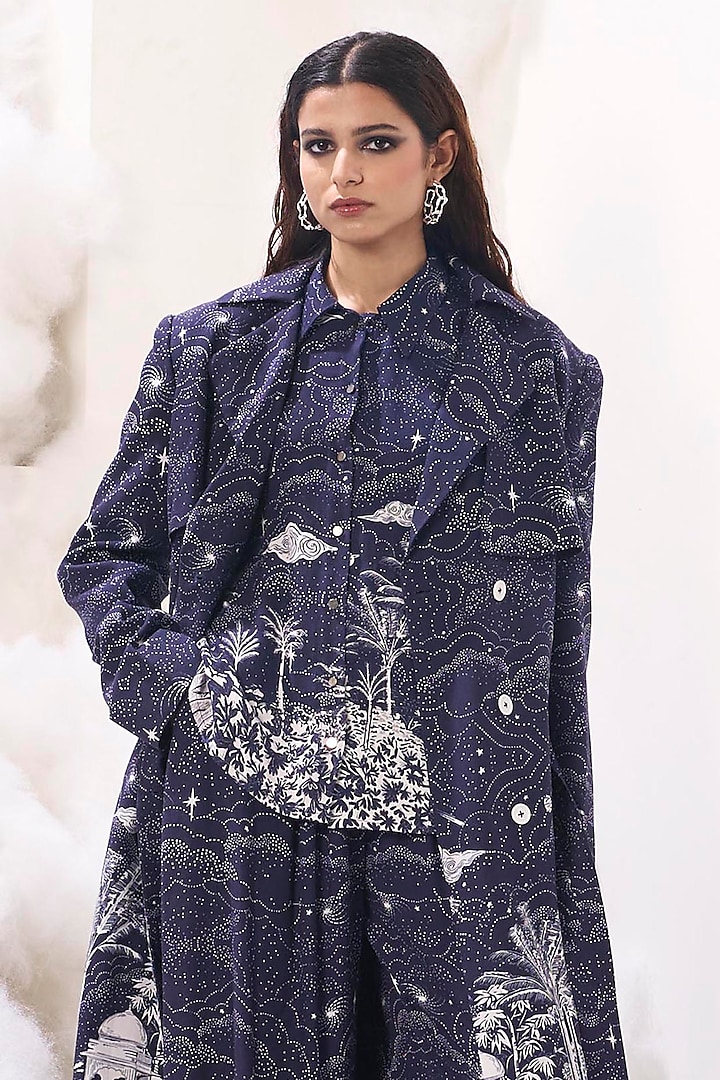 Navy Rayon Twill Digital Printed Trench Jacket by Sahil Kochar at Pernia's Pop Up Shop