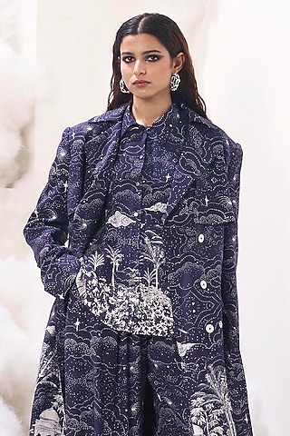 Navy Rayon Twill Digital Printed Trench Jacket by Sahil Kochhar