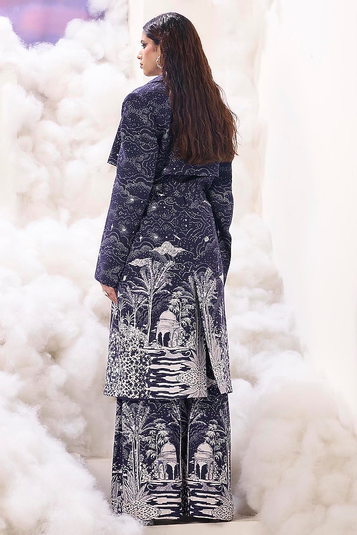 Navy Rayon Twill Digital Printed Trench Jacket by Sahil Kochhar at Pernia's Pop Up Shop
