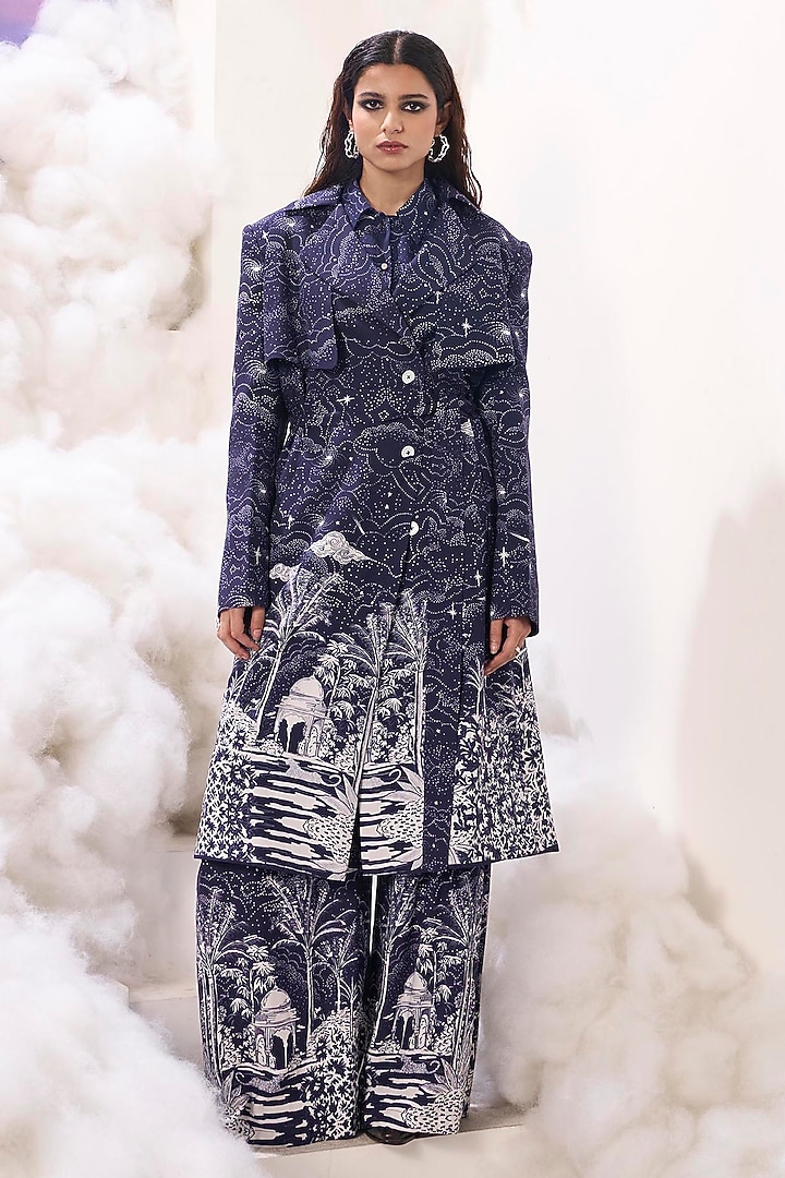 Navy Rayon Twill Digital Printed Trench Jacket by Sahil Kochhar at Pernia's Pop Up Shop