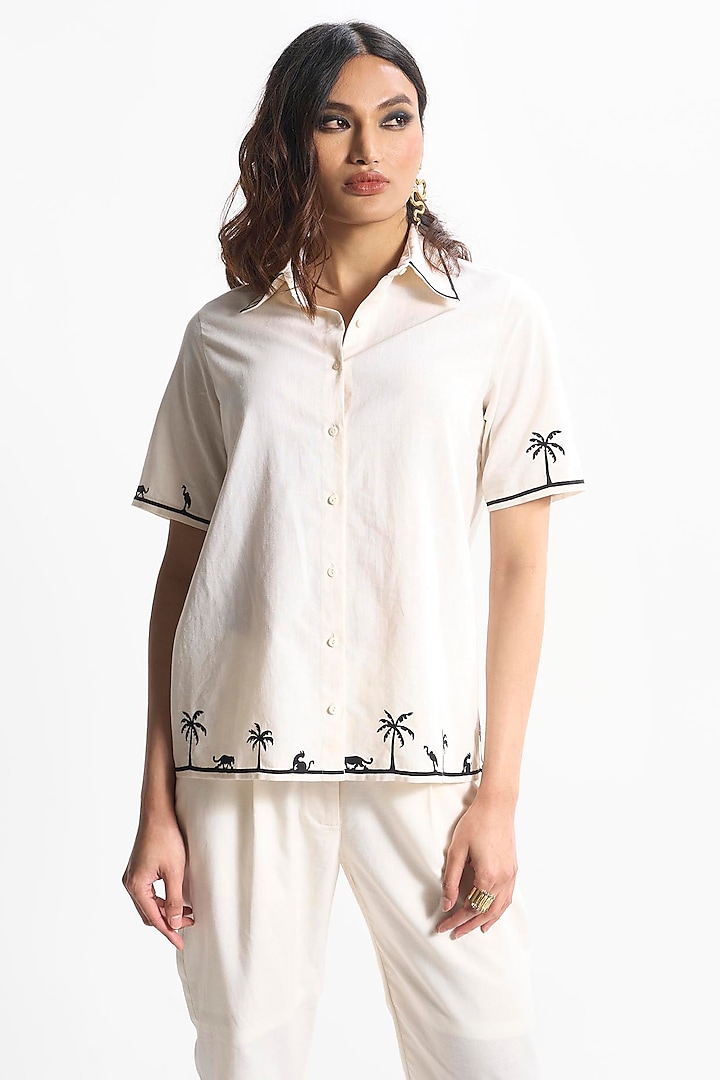 Ivory Linen Applique Embroidered Shirt by Sahil Kochar at Pernia's Pop Up Shop