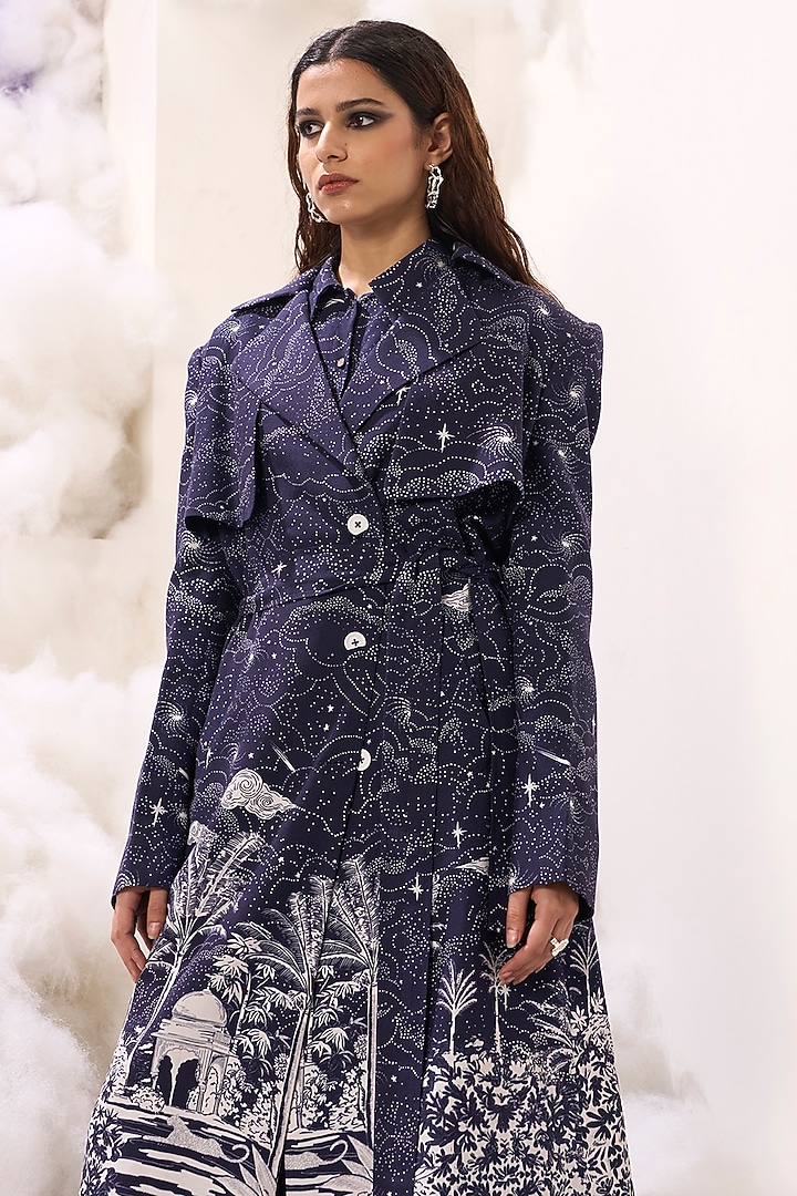 Navy Rayon Twill DIgital Printed Shirt by Sahil Kochhar at Pernia's Pop Up Shop