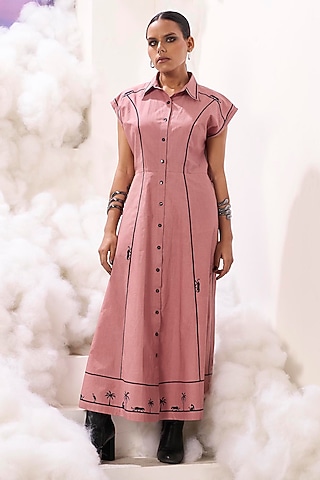 Dusty Pink Poplin Applique Embroidered Maxi Dress by Sahil Kochhar